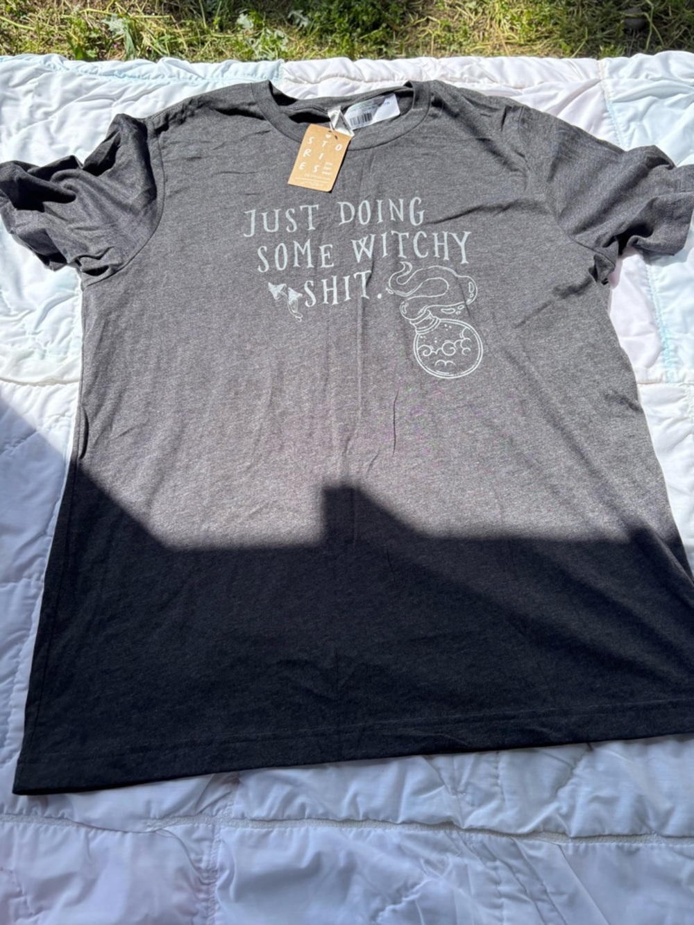 Charcoal Gray Graphic Tee with White Print - Stories Tag